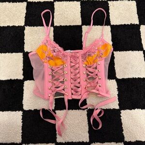Savage X Fenty Pink & Orange Lace Up Corset Bra Size Small